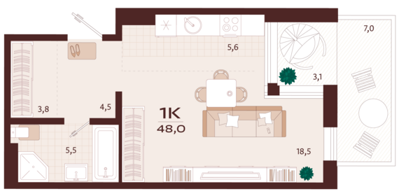 1-комнатная квартира №94 48 м2 от застройщика ГК ТОЧНО