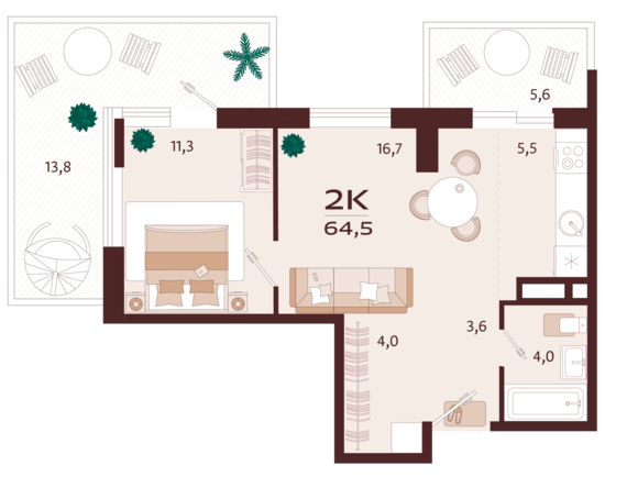 2-комнатная квартира №99 64,5 м2 от застройщика ГК ТОЧНО