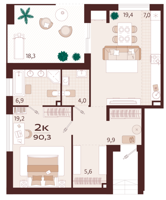 2-комнатная квартира №1 90,3 м2 от застройщика ГК ТОЧНО