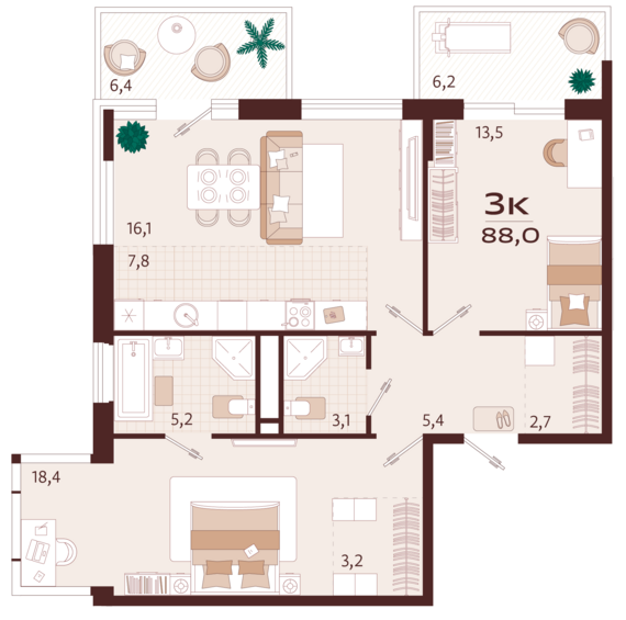 3-комнатная квартира №19 88 м2 от застройщика ГК ТОЧНО