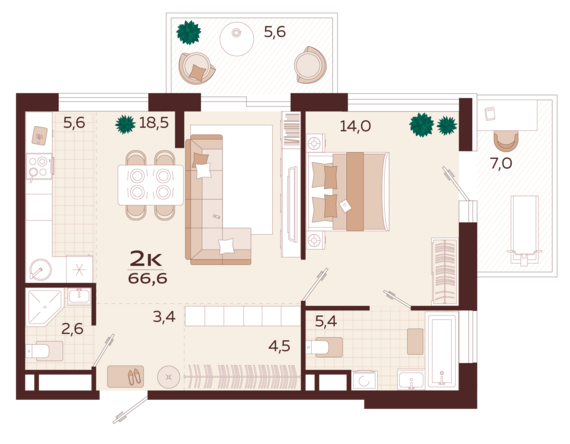 2-комнатная квартира №44 66,6 м2 от застройщика ГК ТОЧНО