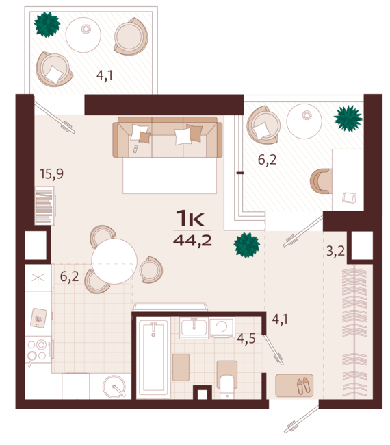 1-комнатная квартира №45 44,2 м2 от застройщика ГК ТОЧНО