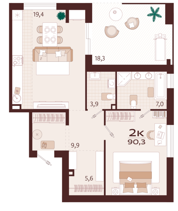 2-комнатная квартира №1 90,3 м2 от застройщика ГК ТОЧНО