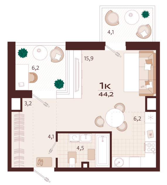 1-комнатная квартира №38 44,2 м2 от застройщика ГК ТОЧНО