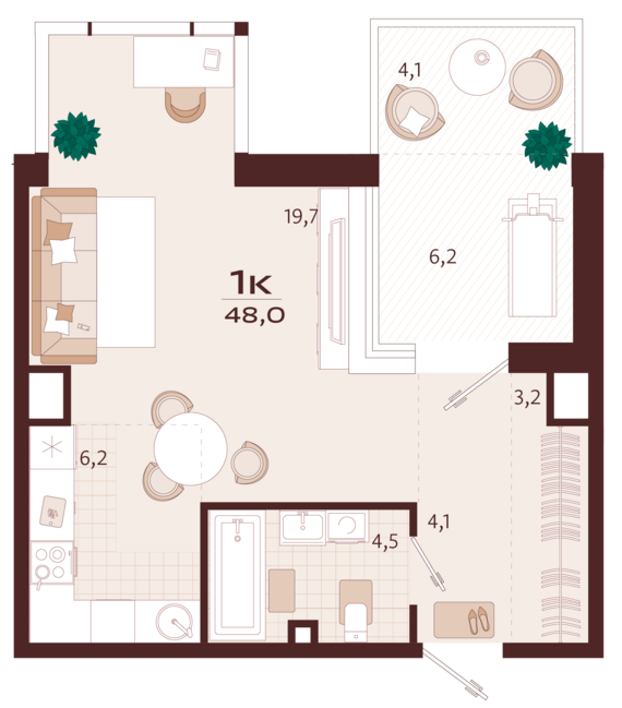 1-комнатная квартира №42 48 м2 от застройщика ГК ТОЧНО