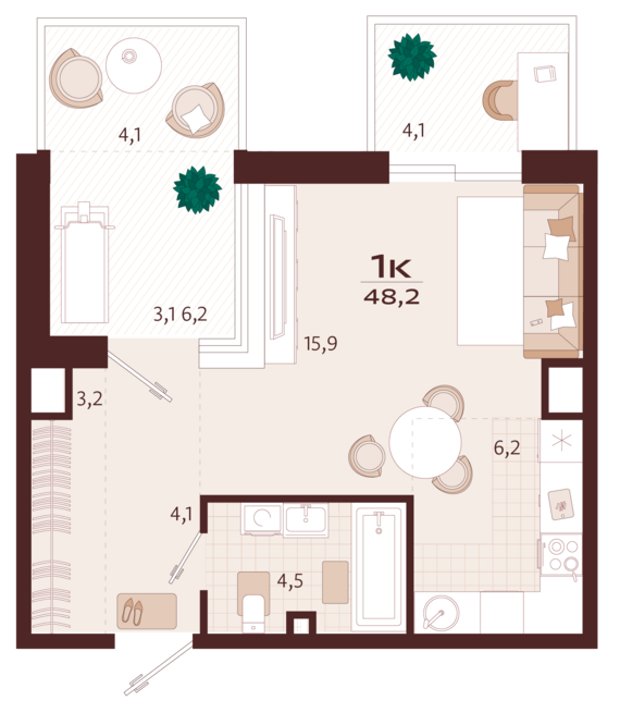 1-комнатная квартира №56 48,3 м2 от застройщика ГК ТОЧНО