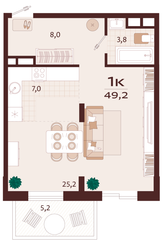 1-комнатная квартира №17 49,2 м2 от застройщика ГК ТОЧНО