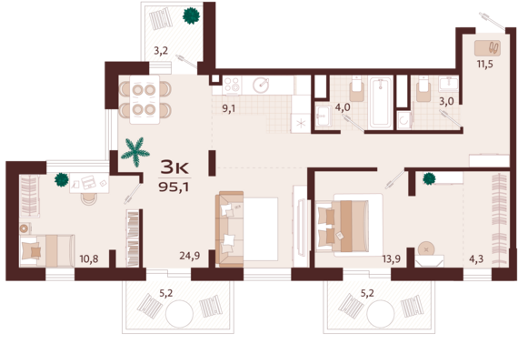 3-комнатная квартира №19 95,1 м2 от застройщика ГК ТОЧНО