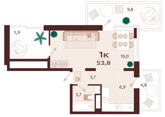 1-комнатная квартира №21 53,8 м2 от застройщика ГК ТОЧНО