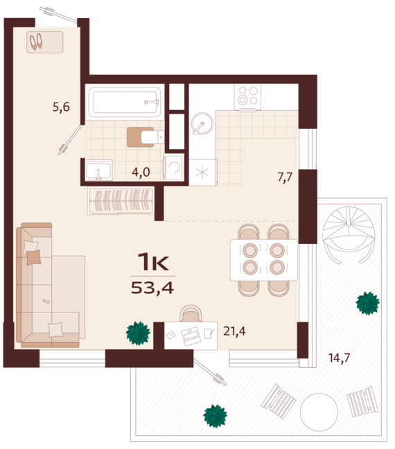 1-комнатная квартира №22 53,4 м2 от застройщика ГК ТОЧНО
