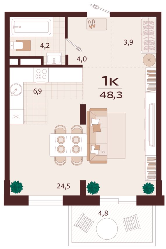 1-комнатная квартира №23 48,3 м2 от застройщика ГК ТОЧНО