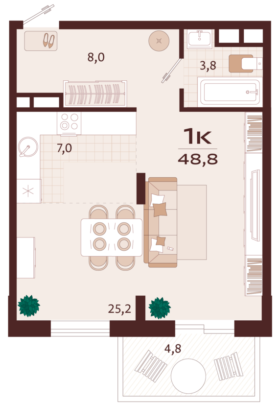 1-комнатная квартира №25 48,8 м2 от застройщика ГК ТОЧНО