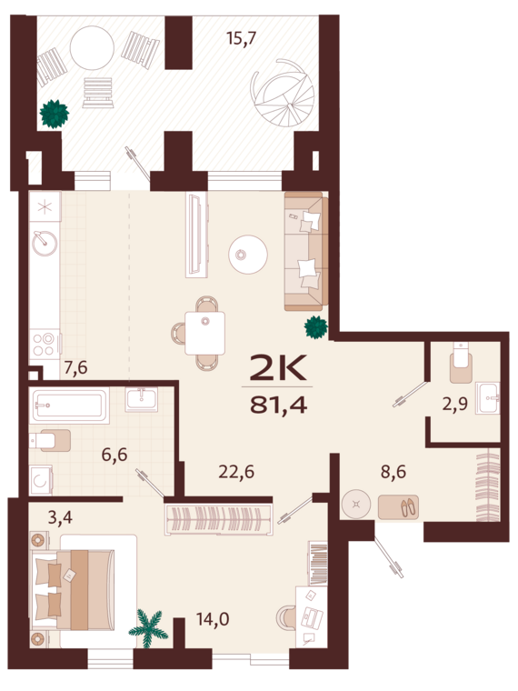 2-комнатная квартира №3 81,4 м2 от застройщика ГК ТОЧНО