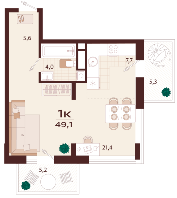 1-комнатная квартира №30 49,1 м2 от застройщика ГК ТОЧНО