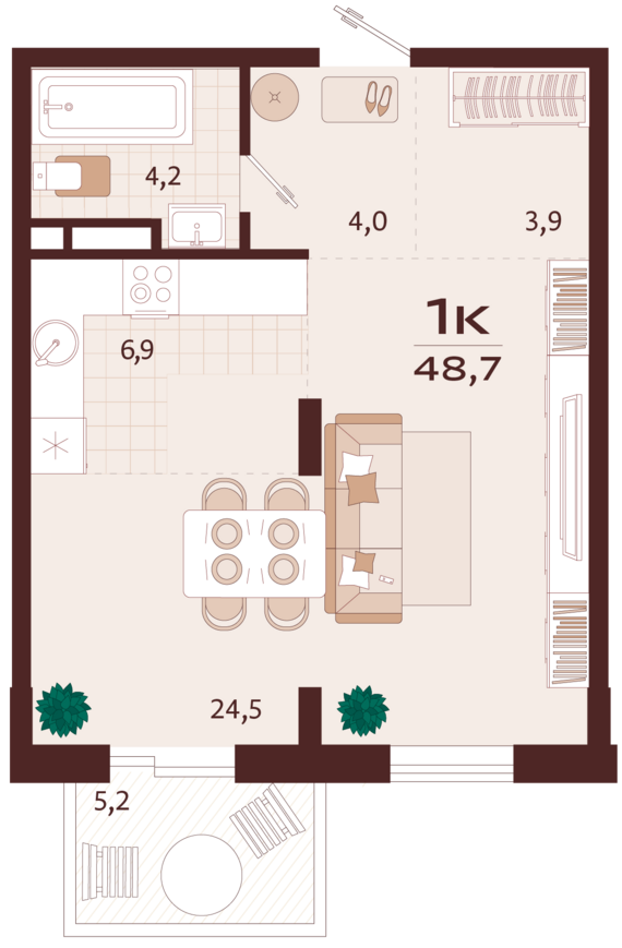 1-комнатная квартира №31 48,7 м2 от застройщика ГК ТОЧНО