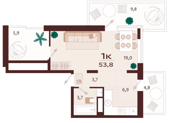 1-комнатная квартира №37 53,8 м2 от застройщика ГК ТОЧНО