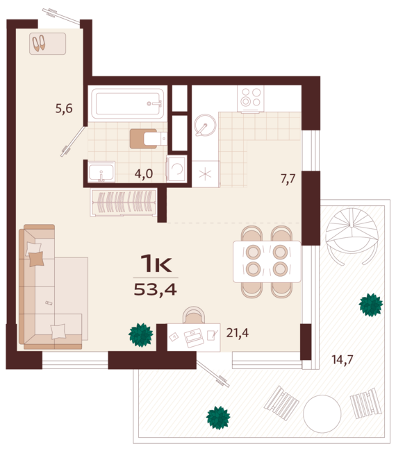 1-комнатная квартира №38 53,4 м2 от застройщика ГК ТОЧНО