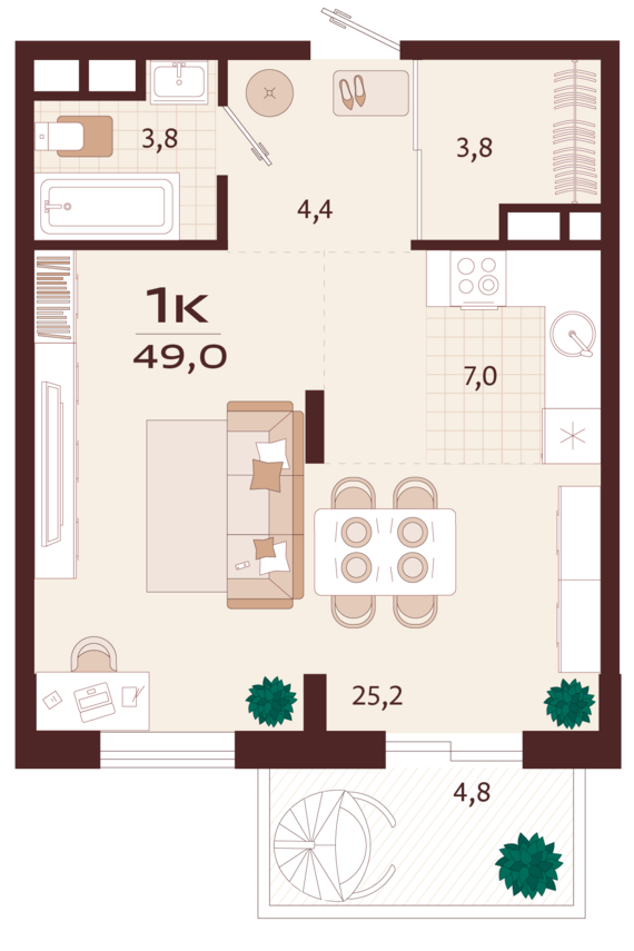 1-комнатная квартира №40 49 м2 от застройщика ГК ТОЧНО