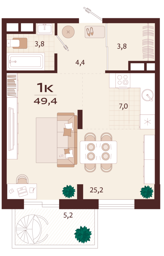 1-комнатная квартира №48 49,4 м2 от застройщика ГК ТОЧНО