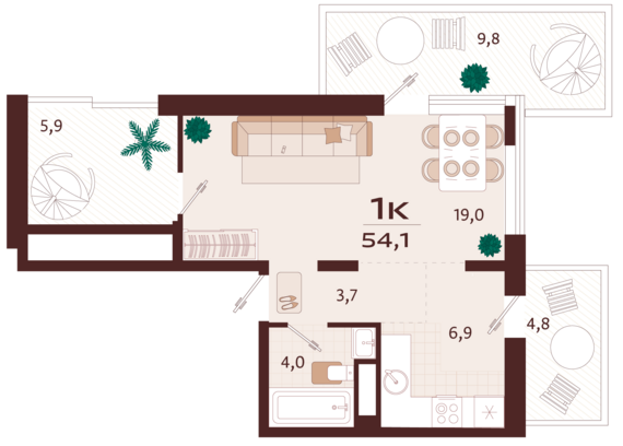 1-комнатная квартира №5 54,1 м2 от застройщика ГК ТОЧНО