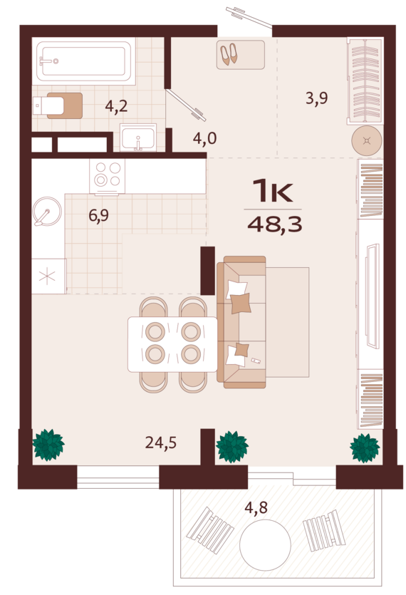 1-комнатная квартира №55 48,3 м2 от застройщика ГК ТОЧНО