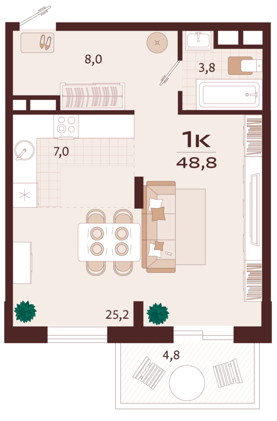1-комнатная квартира №57 48,8 м2 от застройщика ГК ТОЧНО