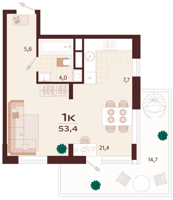 1-комнатная квартира №6 53,4 м2 от застройщика ГК ТОЧНО