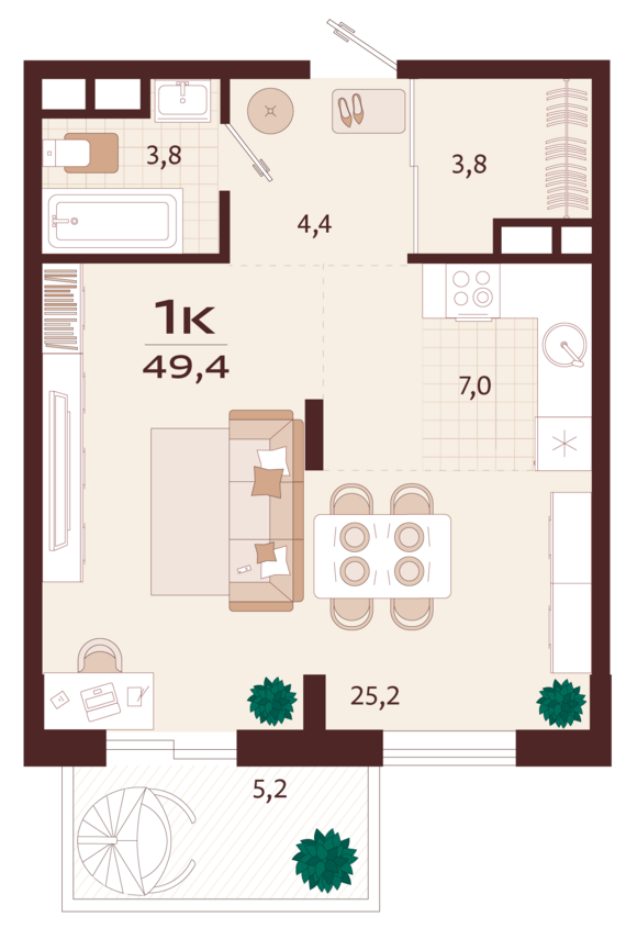 1-комнатная квартира №64 49,4 м2 от застройщика ГК ТОЧНО
