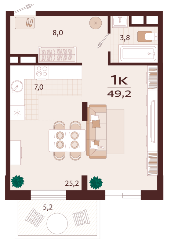 1-комнатная квартира №65 49,2 м2 от застройщика ГК ТОЧНО