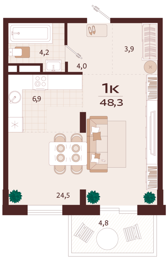 1-комнатная квартира №7 48,3 м2 от застройщика ГК ТОЧНО