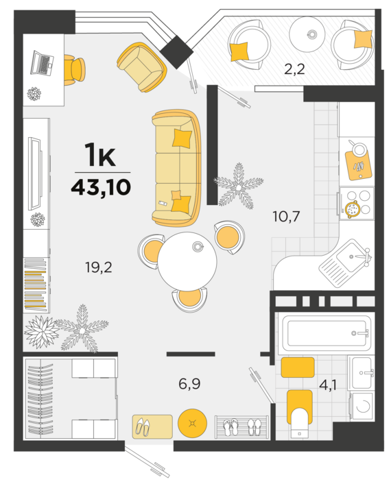 1-комнатная квартира №570 43,65 м2 от застройщика ГК ТОЧНО
