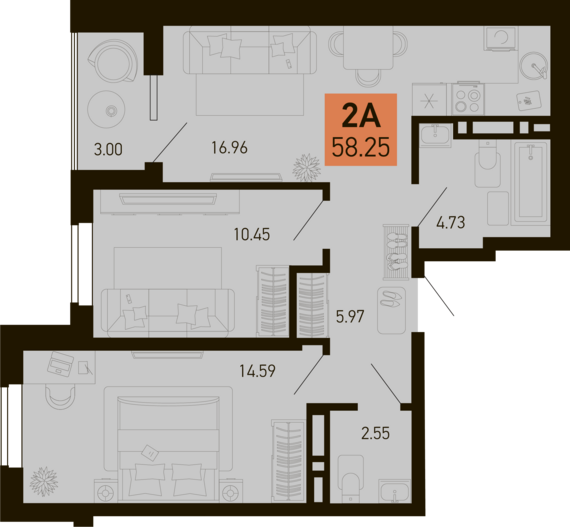2-комнатная квартира №31 56,75 м2 от застройщика ГК ТОЧНО