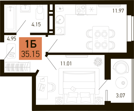 1-комнатная квартира №64 33,62 м2 от застройщика ГК ТОЧНО