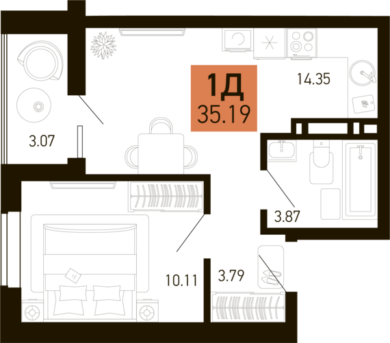 1-комнатная квартира №58 33,66 м2 от застройщика ГК ТОЧНО