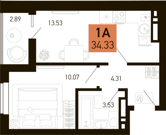 1-комнатная квартира №40 32,89 м2 от застройщика ГК ТОЧНО