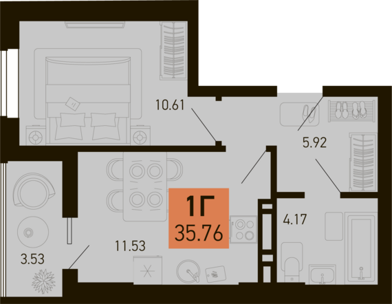 1-комнатная квартира №157 34 м2 от застройщика ГК ТОЧНО