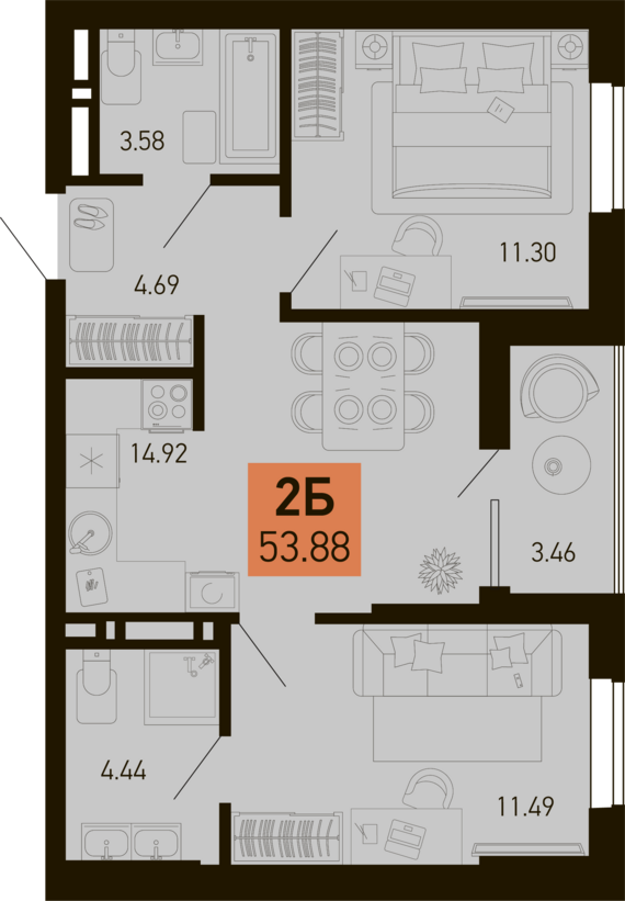 2-комнатная квартира №314 52,15 м2 от застройщика ГК ТОЧНО