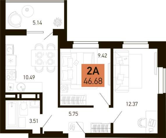2-комнатная квартира №429 44,11 м2 от застройщика ГК ТОЧНО