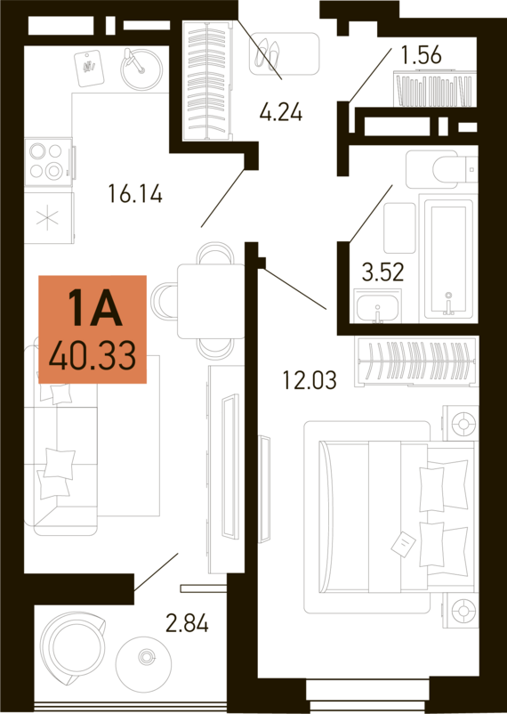 1-комнатная квартира №437 38,91 м2 от застройщика ГК ТОЧНО