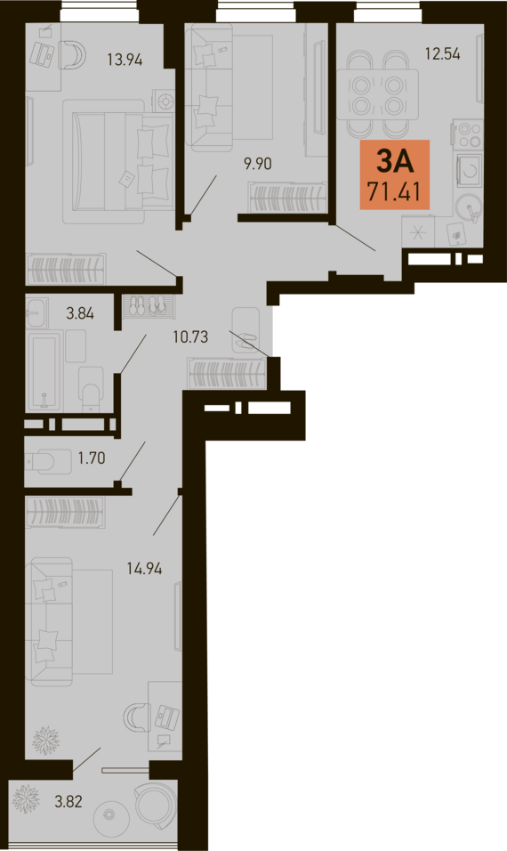 3-комнатная квартира №458 69,5 м2 от застройщика ГК ТОЧНО