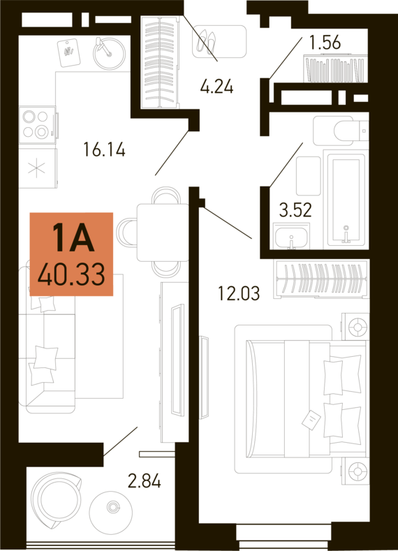 1-комнатная квартира №485 38,91 м2 от застройщика ГК ТОЧНО