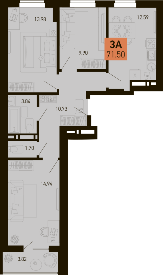 3-комнатная квартира №488 69,59 м2 от застройщика ГК ТОЧНО