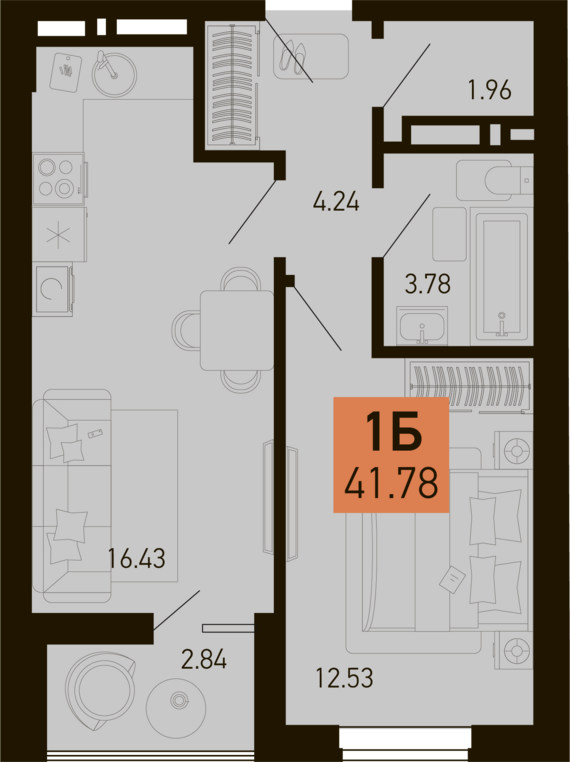 1-комнатная квартира №41 40,36 м2 от застройщика ГК ТОЧНО