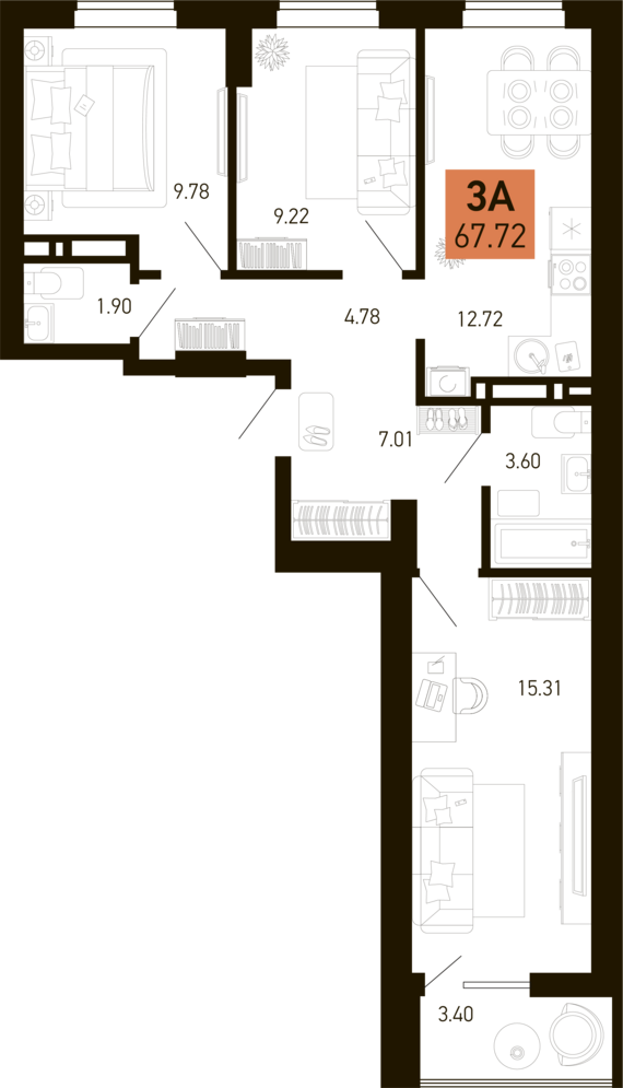 3-комнатная квартира №31 66,02 м2 от застройщика ГК ТОЧНО