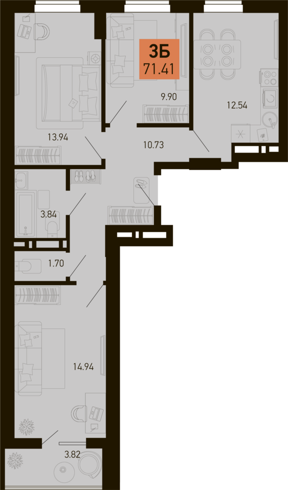 3-комнатная квартира №6 69,5 м2 от застройщика ГК ТОЧНО