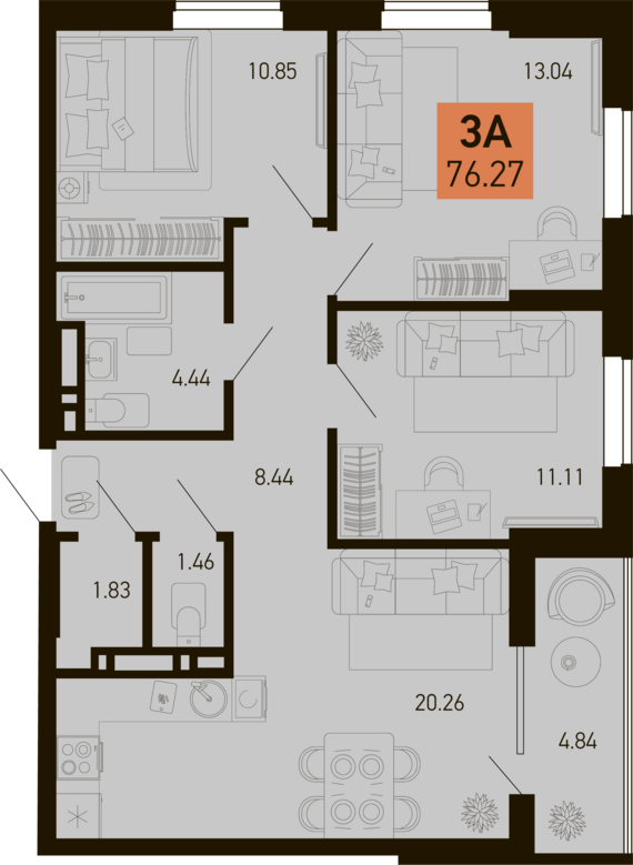 3-комнатная квартира №151 73,85 м2 от застройщика ГК ТОЧНО