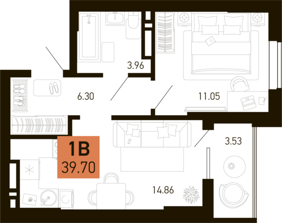 1-комнатная квартира №146 37,94 м2 от застройщика ГК ТОЧНО