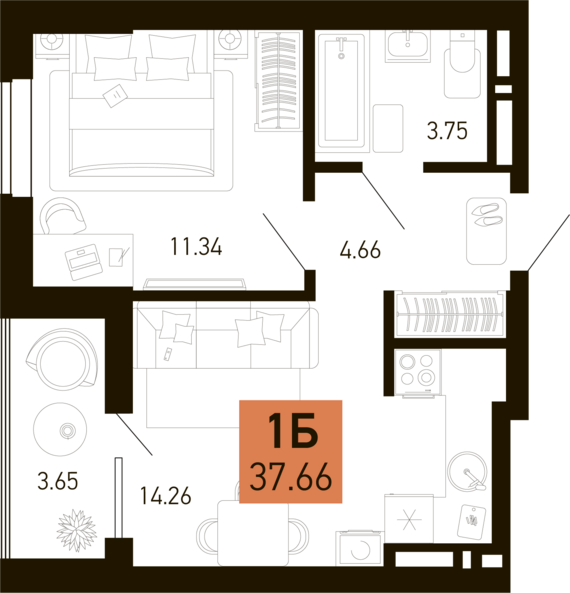 1-комнатная квартира №124 35,84 м2 от застройщика ГК ТОЧНО
