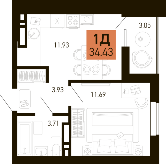 1-комнатная квартира №176 32,91 м2 от застройщика ГК ТОЧНО