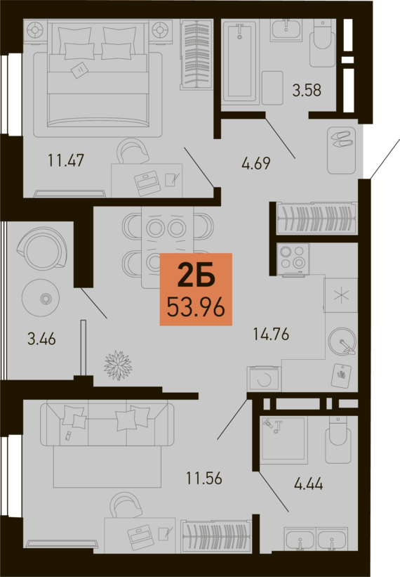 2-комнатная квартира №235 52,23 м2 от застройщика ГК ТОЧНО